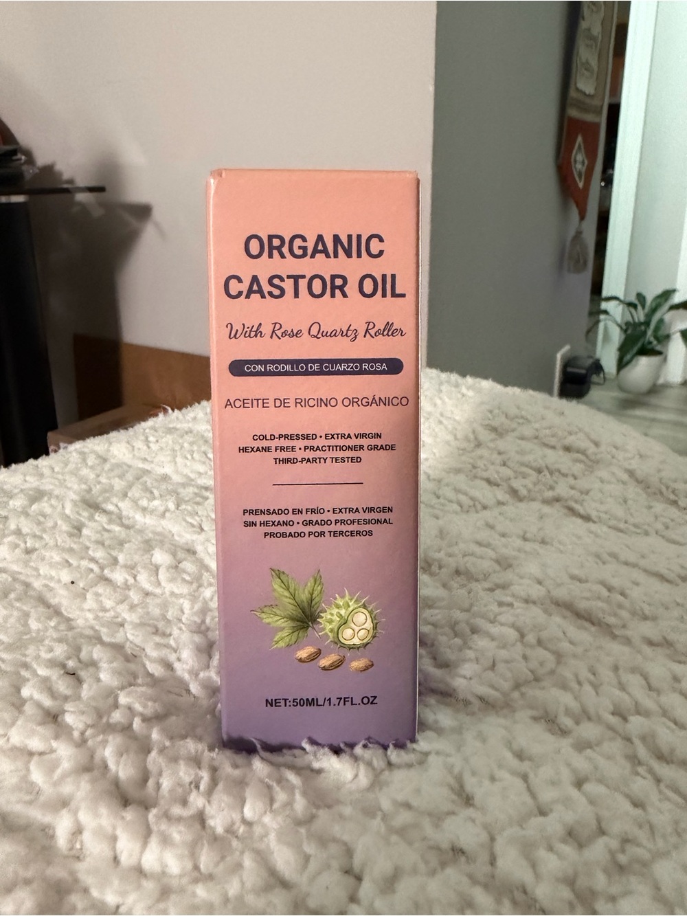 Organic Castor Oil Hair & Skin Treatment with Rose Quartz Roller - Pink